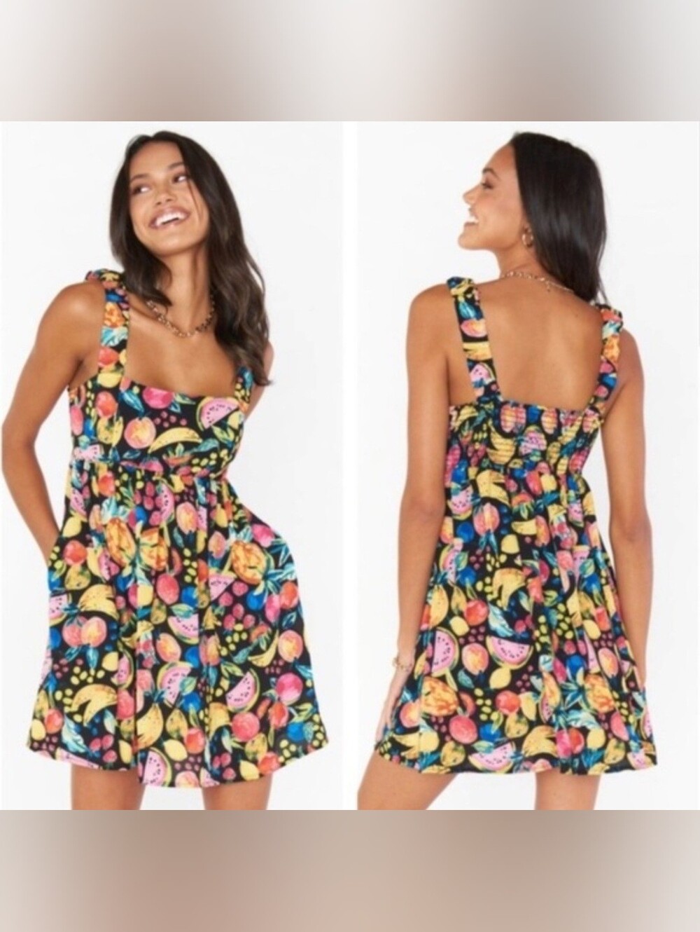 Show Me Your Mumu Fling Mini Dress Black Fruit Print Tropical Size XS